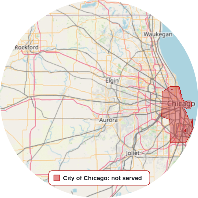 Map of the Chicago area: Assemble Chicago serves the suburbs; the City of Chicago is shaded as not served